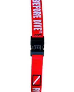 Luggage belt with combination lock. "REMOVE BEFORE DIVE"